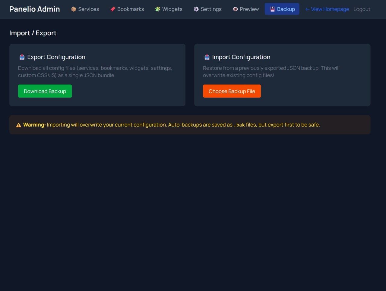 Panelio backup and import export admin screen