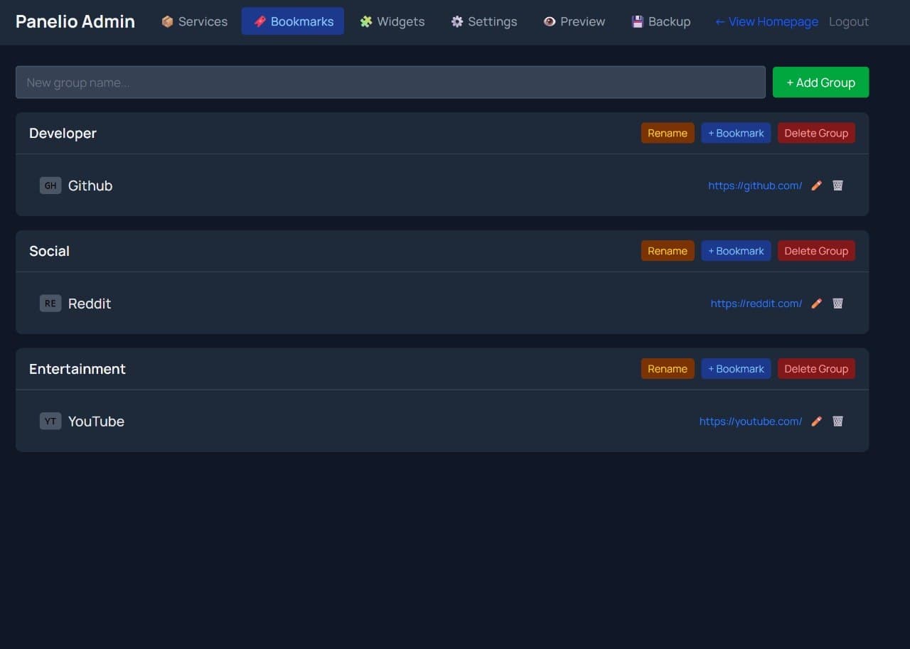 Panelio admin bookmarks screen with grouped bookmark management