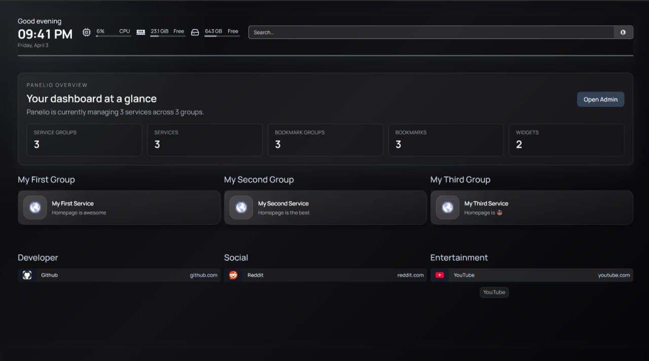 Panelio dashboard homepage overview with service cards and bookmark sections