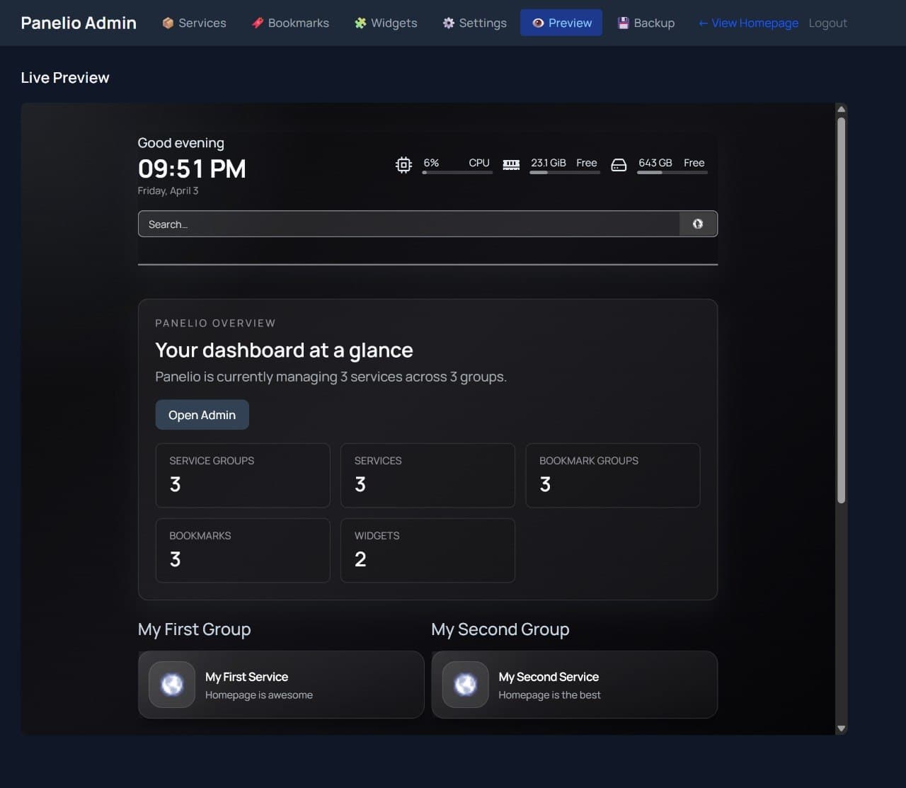 Panelio live preview screen showing the dashboard inside the admin