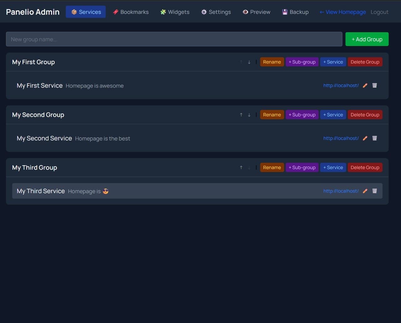 Panelio admin services screen with service groups and actions