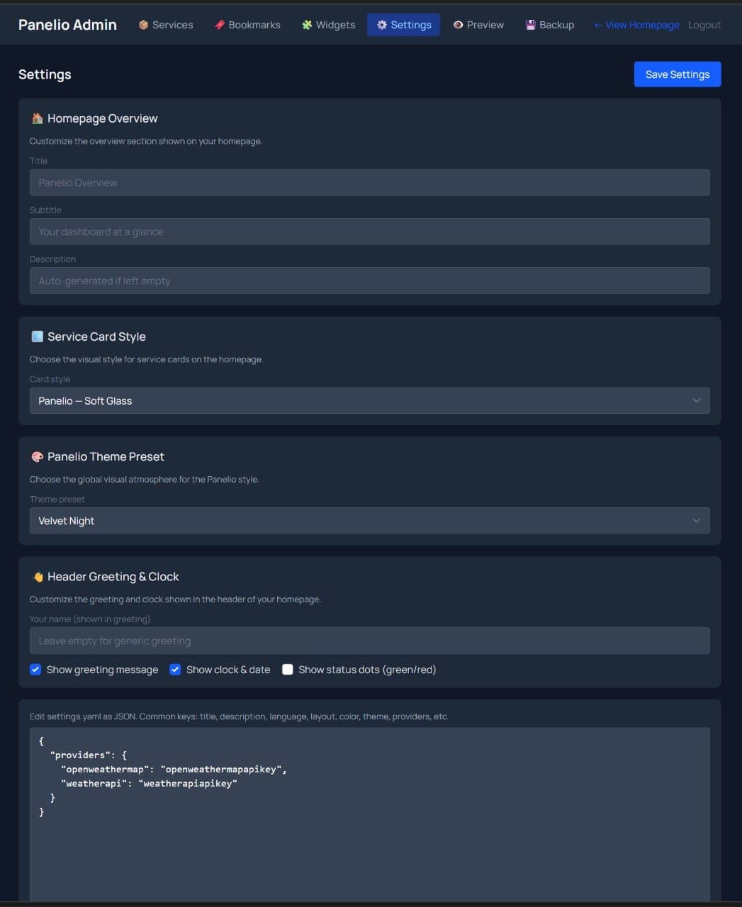 Panelio settings screen with overview, themes, and greeting options